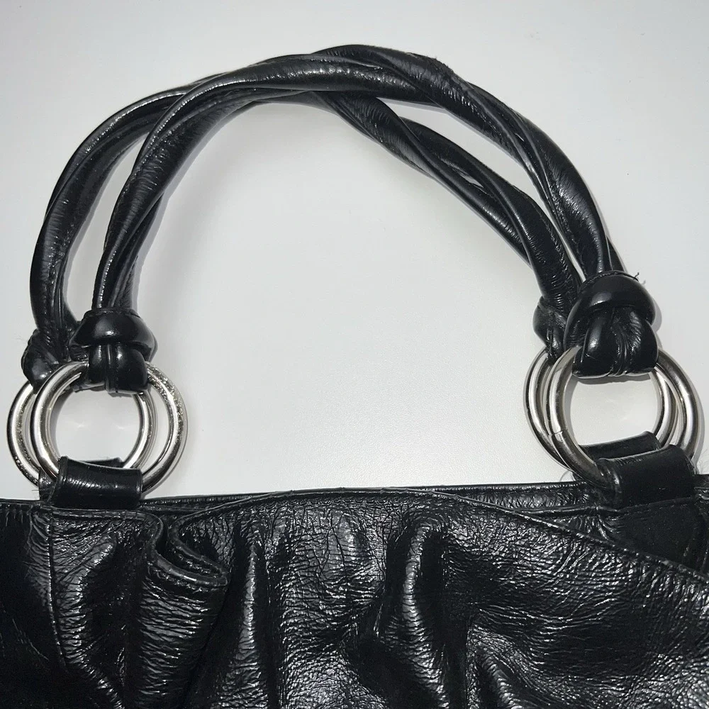 Nine West Black Patent Leather 2 Twist Handle  Purse Handbag With Chain Detail